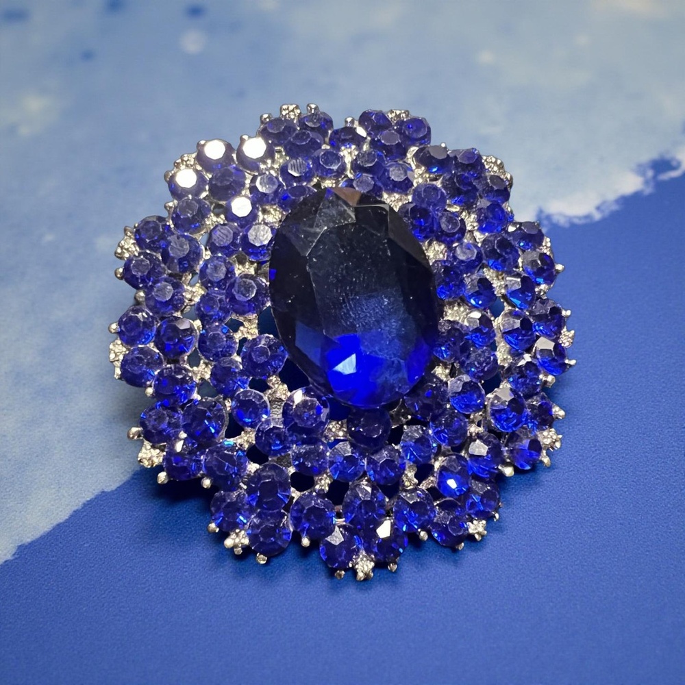 B027   2/$30 Royal Sapphire Blue Crystal Brooch Vintage Glam Statement Accessory